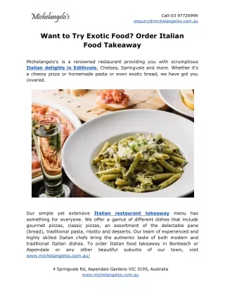 Want to Try Exotic Food? Order Italian Food Takeaway