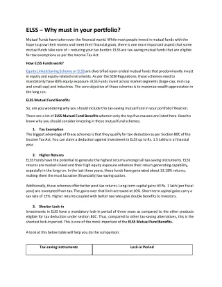 elss why must in your portfolio mutual funds have