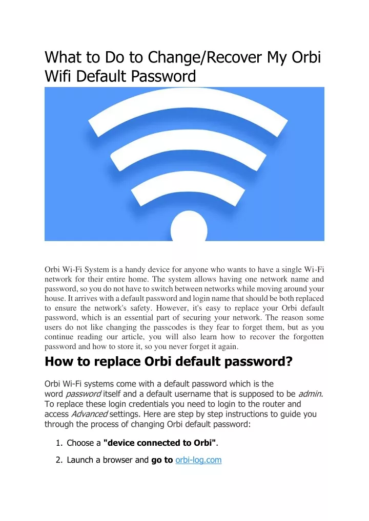 what to do to change recover my orbi wifi default