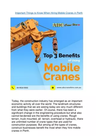 IMPORTANT THINGS TO KNOW WHEN HIRING MOBILE CRANES IN PERTH