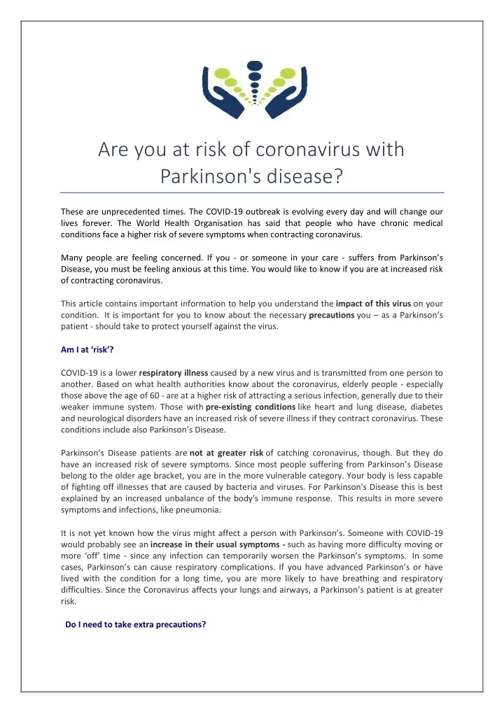 are you at risk of coronavirus with parkinson