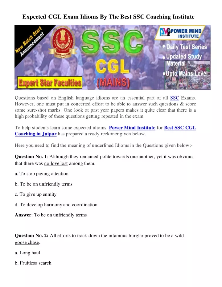 expected cgl exam idioms by the best ssc coaching