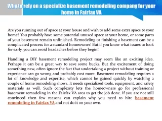 Why to rely on a specialize basement remodeling company for your home in Fairfax VA