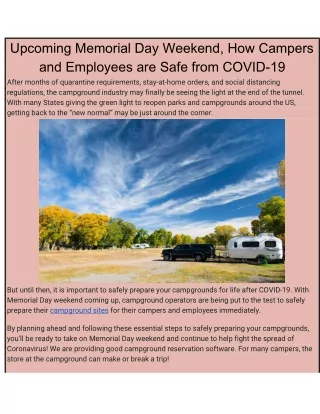 Upcoming Memorial Day Weekend, How Campers and Employees are Safe from COVID-19