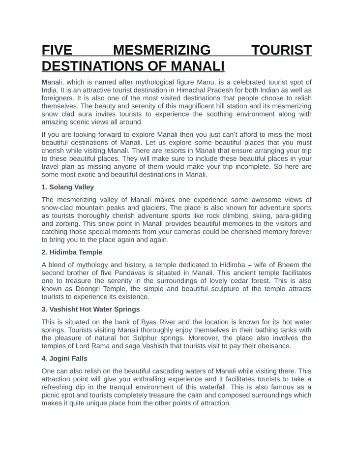 five destinations of manali
