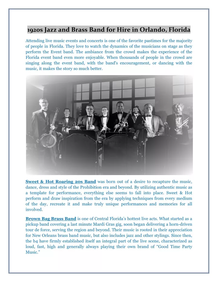 1920s jazz and brass band for hire in orlando