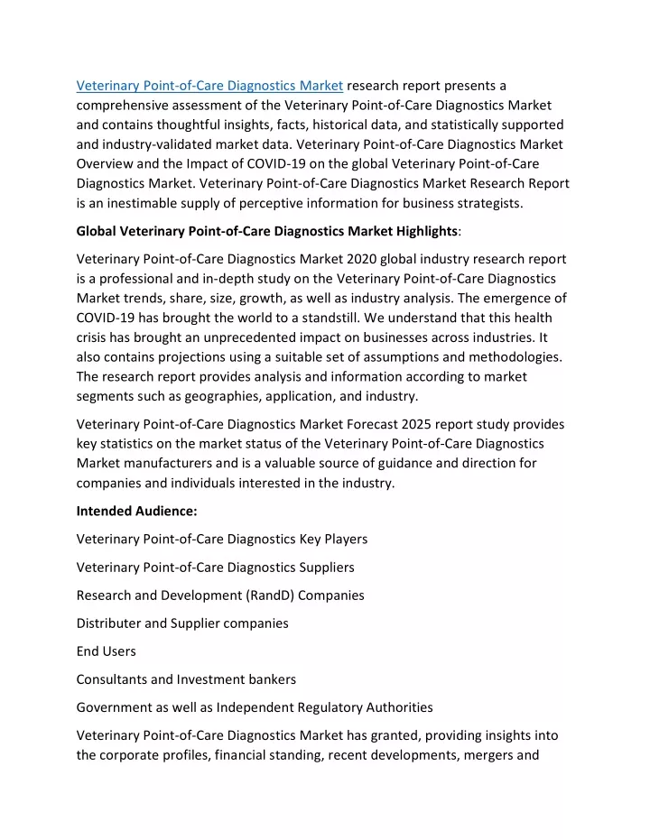 veterinary point of care diagnostics market