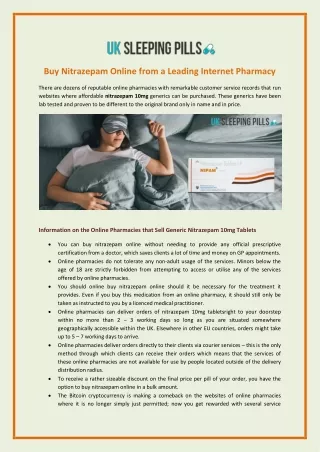 Buy Nitrazepam Online from a Leading Internet Pharmacy