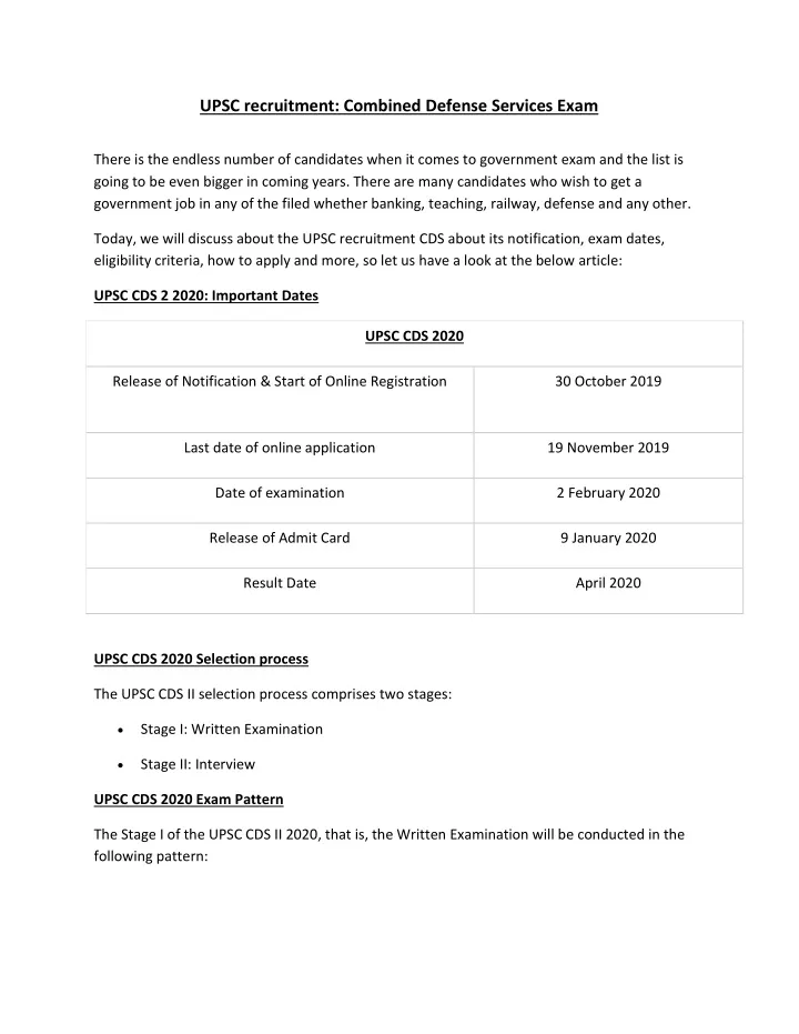 upsc recruitment combined defense services exam