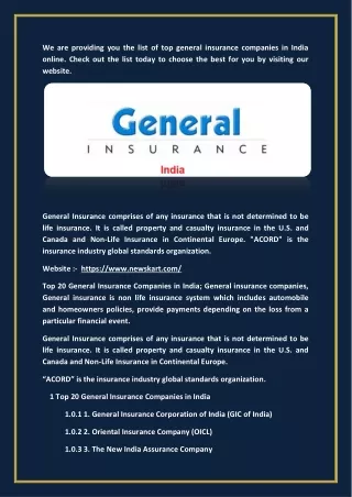 Top 20 General Insurance Companies in India