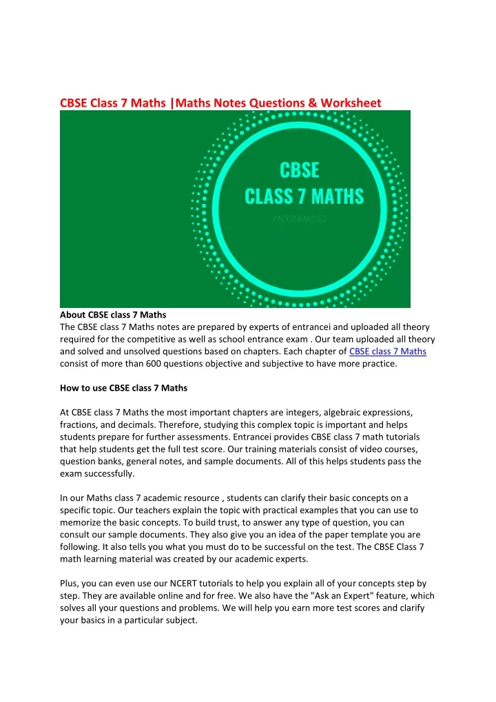 cbse class 7 maths maths notes questions worksheet