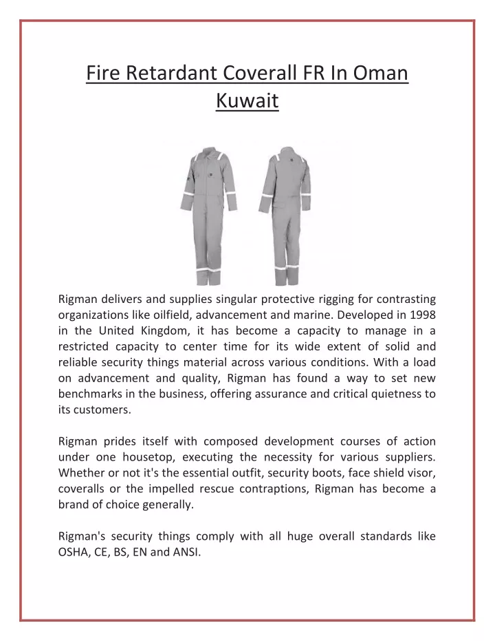fire retardant coverall fr in oman kuwait