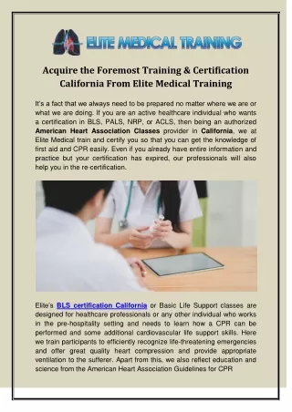 Acquire The Foremost Training & Certification California From Elite Medical Training