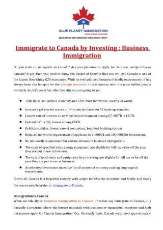 Immigrate to Canada by Investing : Business Immigration
