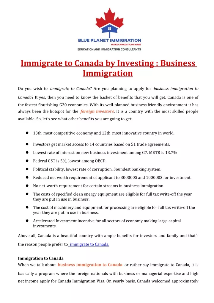 immigrate to canada by investing business