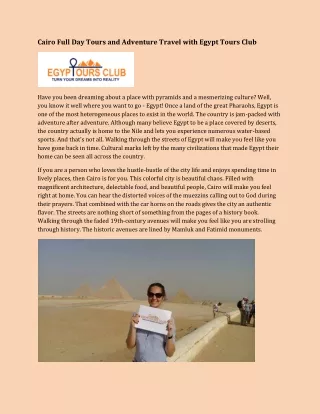 Cairo Full Day Tours and Adventure Travel with Egypt Tours Club