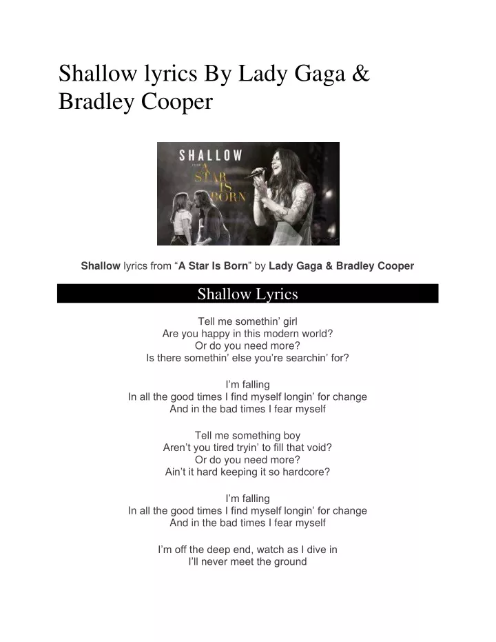 shallow lyrics by lady gaga bradley cooper