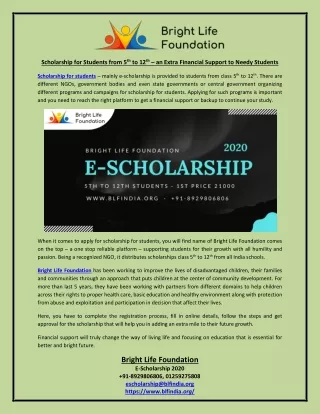 Scholarship for Students from 5th to 12th – an Extra Financial Support to Needy Students