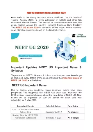 HOW TO CHECK NEET UG RESULTS 2020 AND  IMPORTANT DATES OF NEET UG