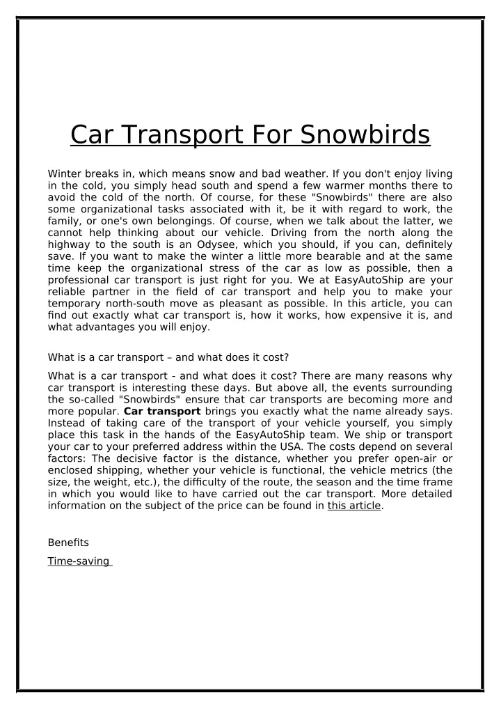 car transport for snowbirds