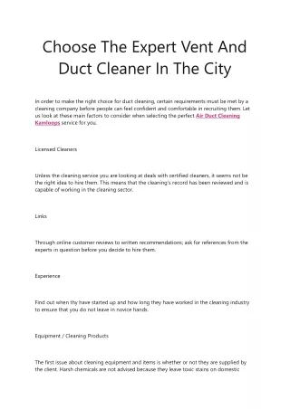 Choose The Expert Vent And Duct Cleaner In The City