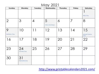 Printable Calendar May 2021 with Holidays