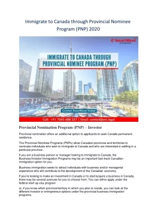Immigrate to Canada through Provincial Nominee Program (PNP) 2020