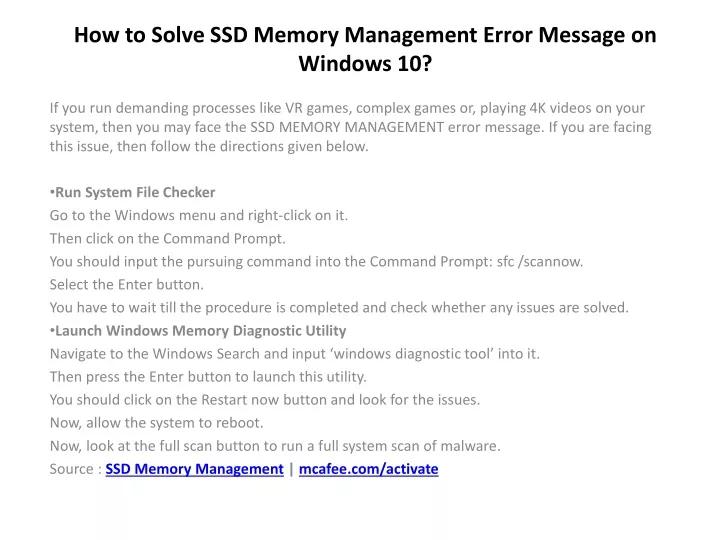 how to solve ssd memory management error message on windows 10