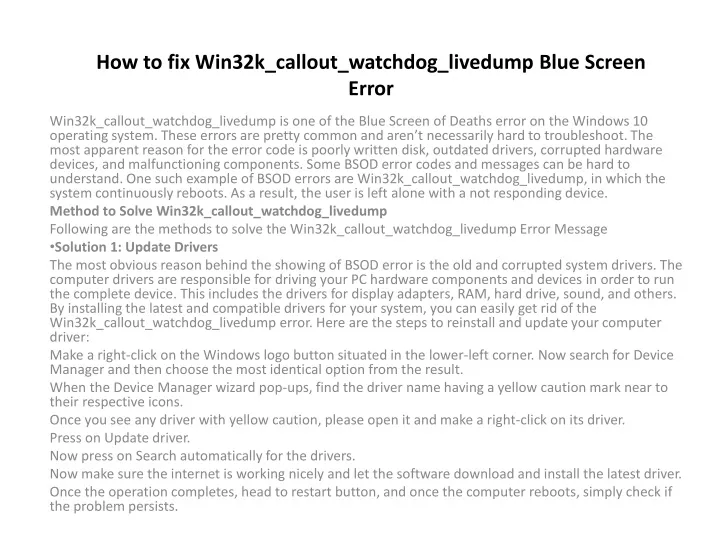 how to fix win32k callout watchdog livedump blue screen error