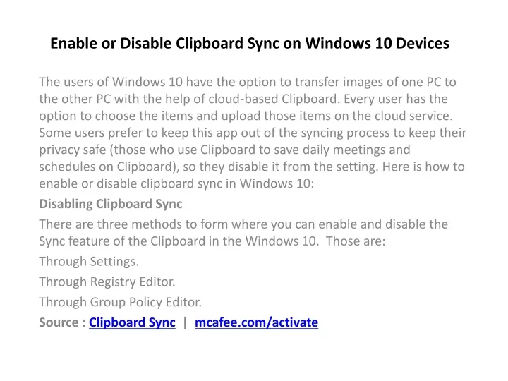 enable or disable clipboard sync on windows 10 devices