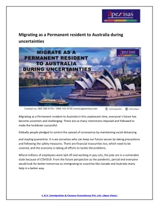 Migrating as a Permanent resident to Australia during uncertainties
