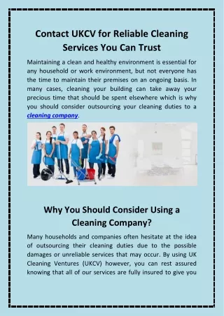 Contact UKCV now for most Reliable Cleaning Services in the UK
