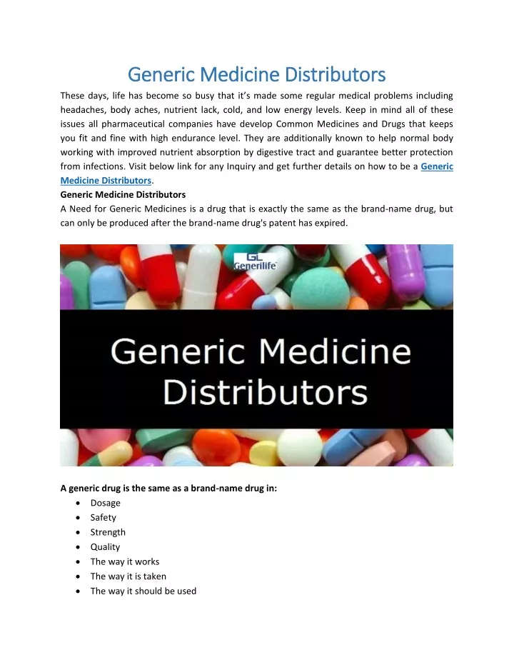 generic medicine distributors generic medicine