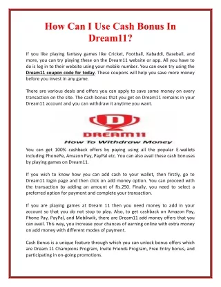 how can i use cash bonus in dream11