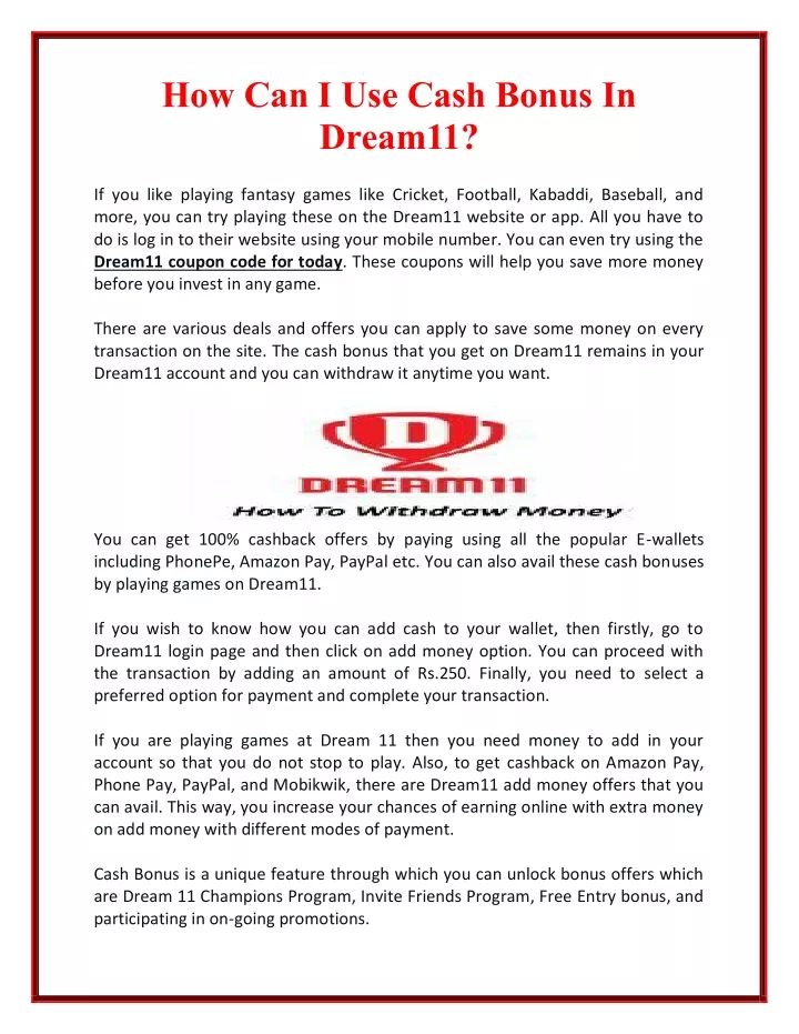 how can i use cash bonus in dream11