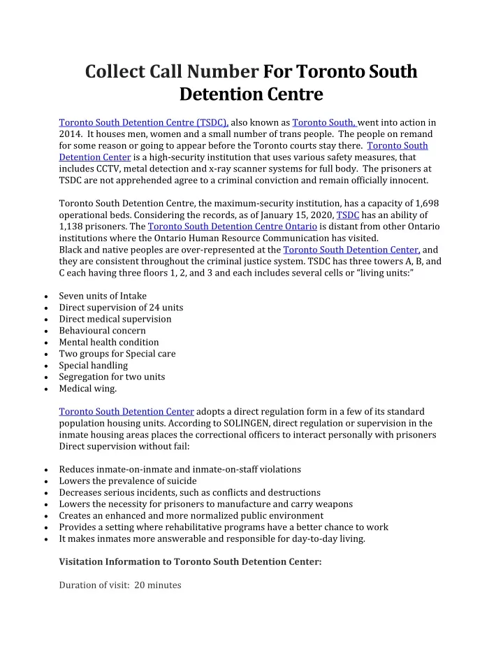 collect call number for toronto south detention