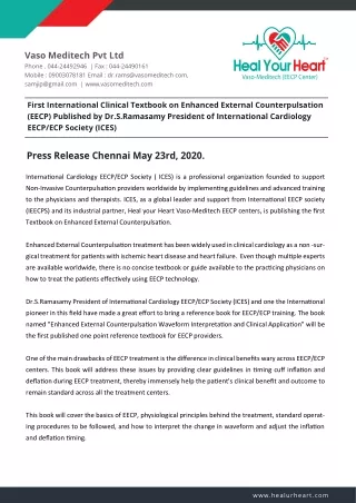 First International Clinical Textbook on Enhanced External Counterpulsation (EECP) Published by Dr.S.Ramasamy President