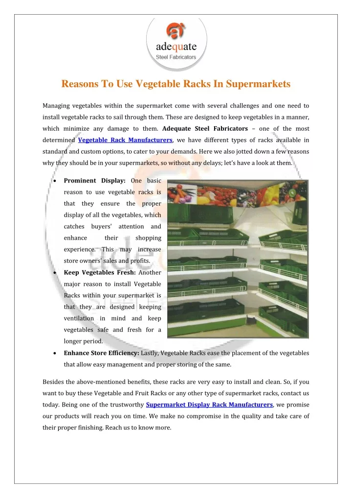 reasons to use vegetable racks in supermarkets