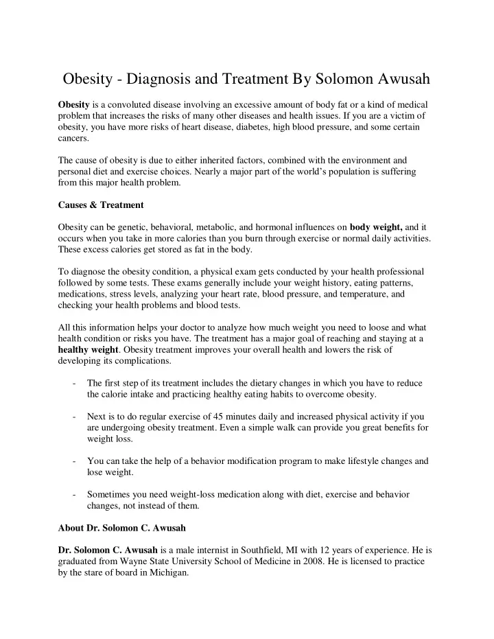 obesity diagnosis and treatment by solomon awusah