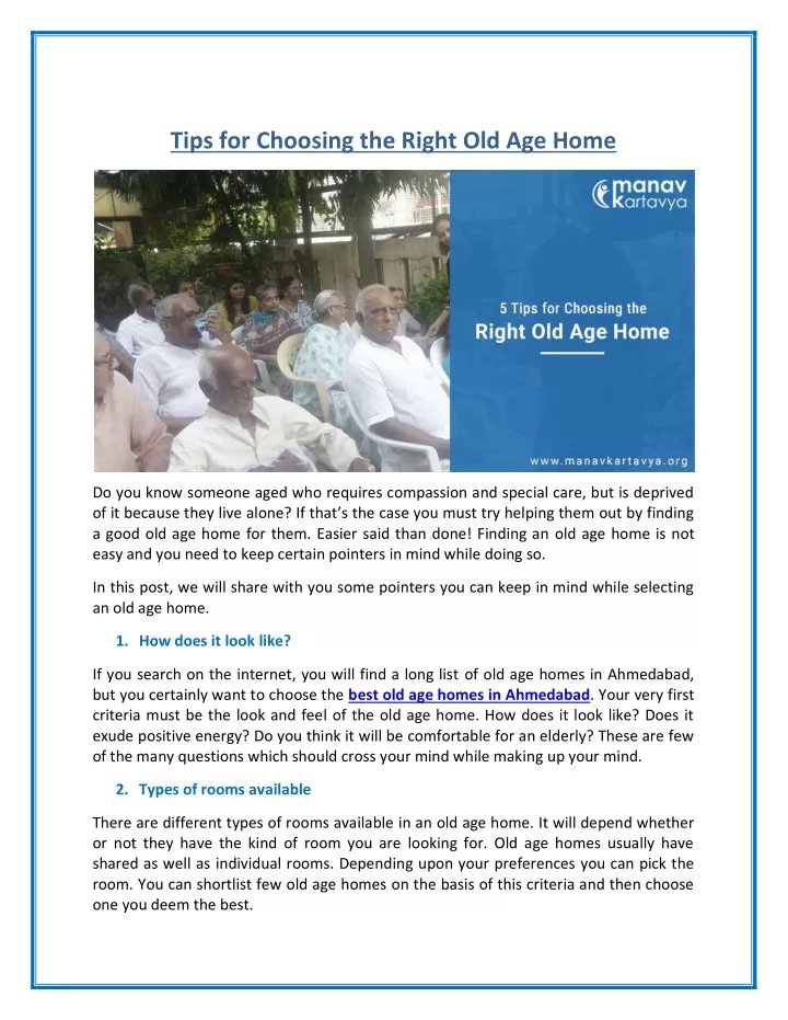 tips for choosing the right old age home