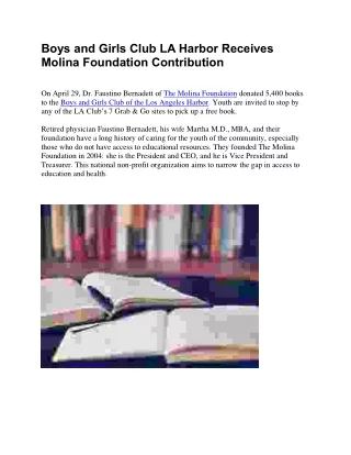 Boys and Girls Club LA Harbor Receives Molina Foundation Contribution