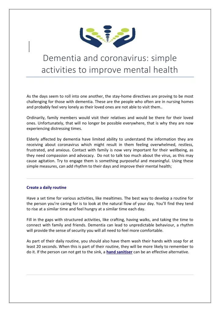dementia and coronavirus simple activities