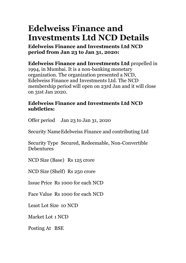 edelweiss finance and investments ltd ncd details