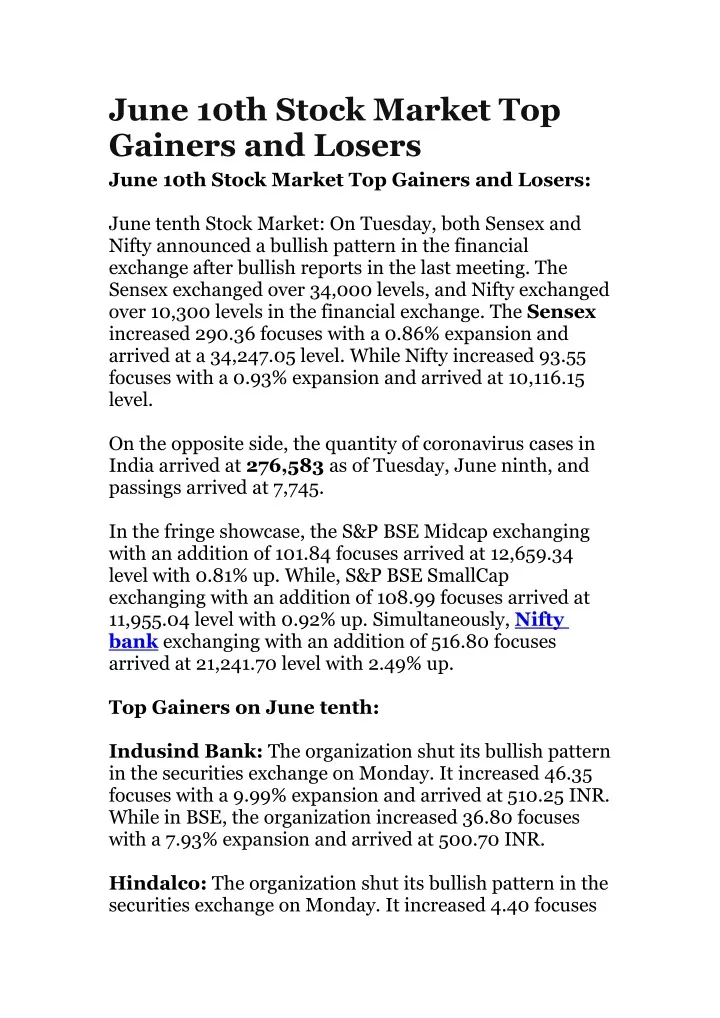 june 10th stock market top gainers and losers