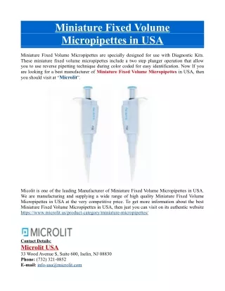 miniature fixed volume micropipettes in usa