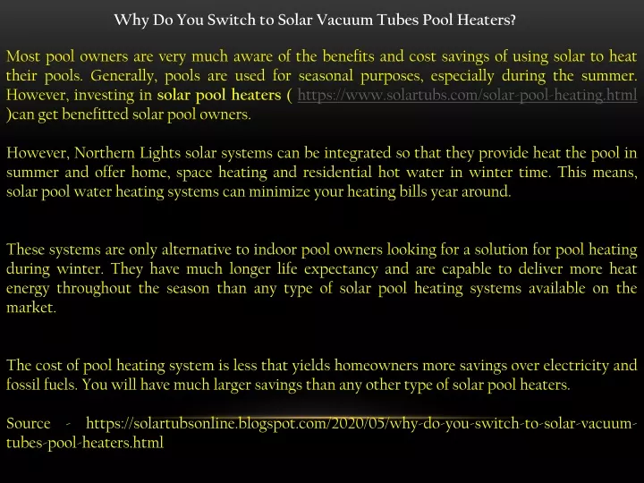 why do you switch to solar vacuum tubes pool