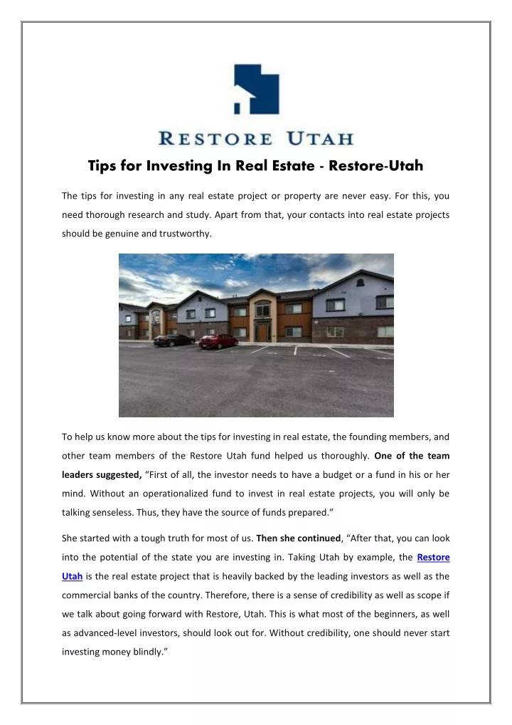tips for investing in real estate restore utah