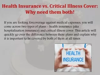 Health Insurance vs. Critical Illness Cover: Why need them both!