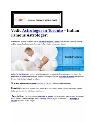 Vedic Astrologer in Toronto – Indian Famous Astrologer: