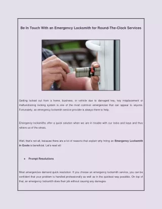Be In Touch With an Emergency Locksmith for Round-The-Clock Services